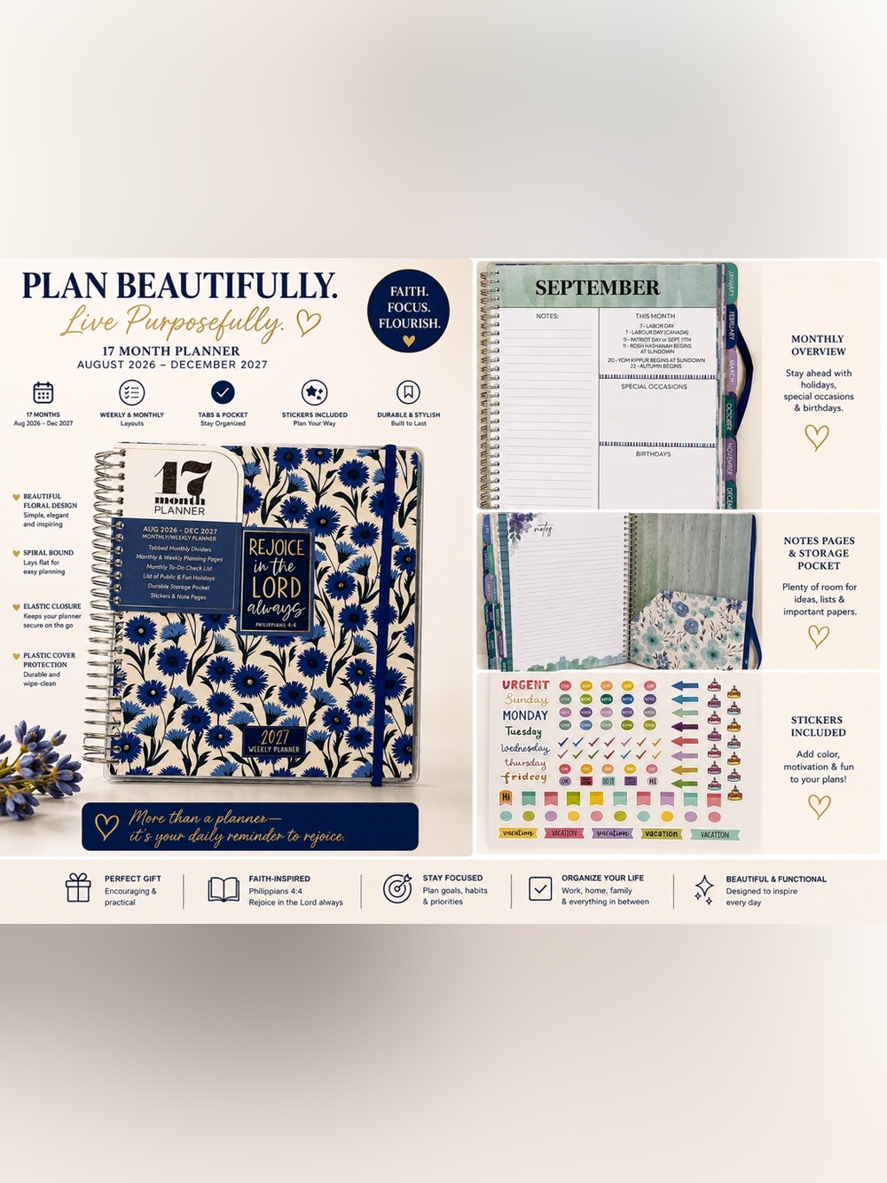 Floral Weekly Planner 2027 – Blue/White |